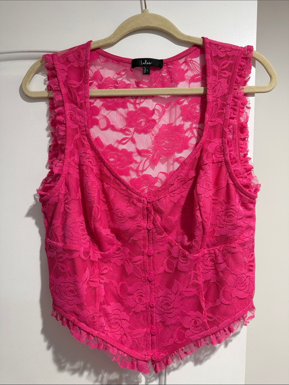 Lulus Lasting Cuteness Hot Pink Lace Ruffled Button-front Crop Top - Size L